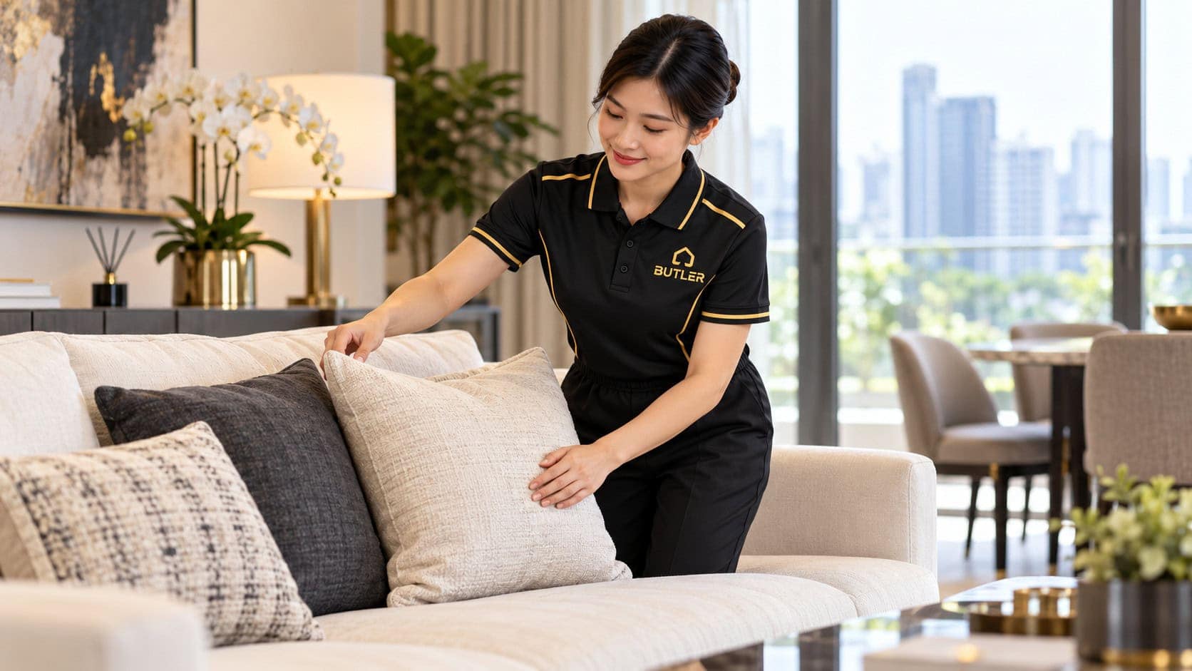 BUTLER housekeeper in a black-and-gold uniform arranging sofa cushions in a bright apartment
